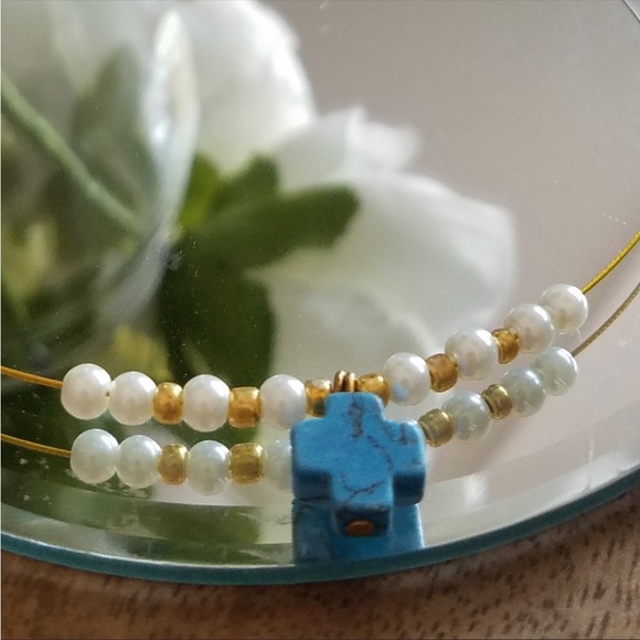 Genuine Turquoise Gemstone Symbolic Cross Faux Pearl Choker Necklace NEW - Picture 4 of 8